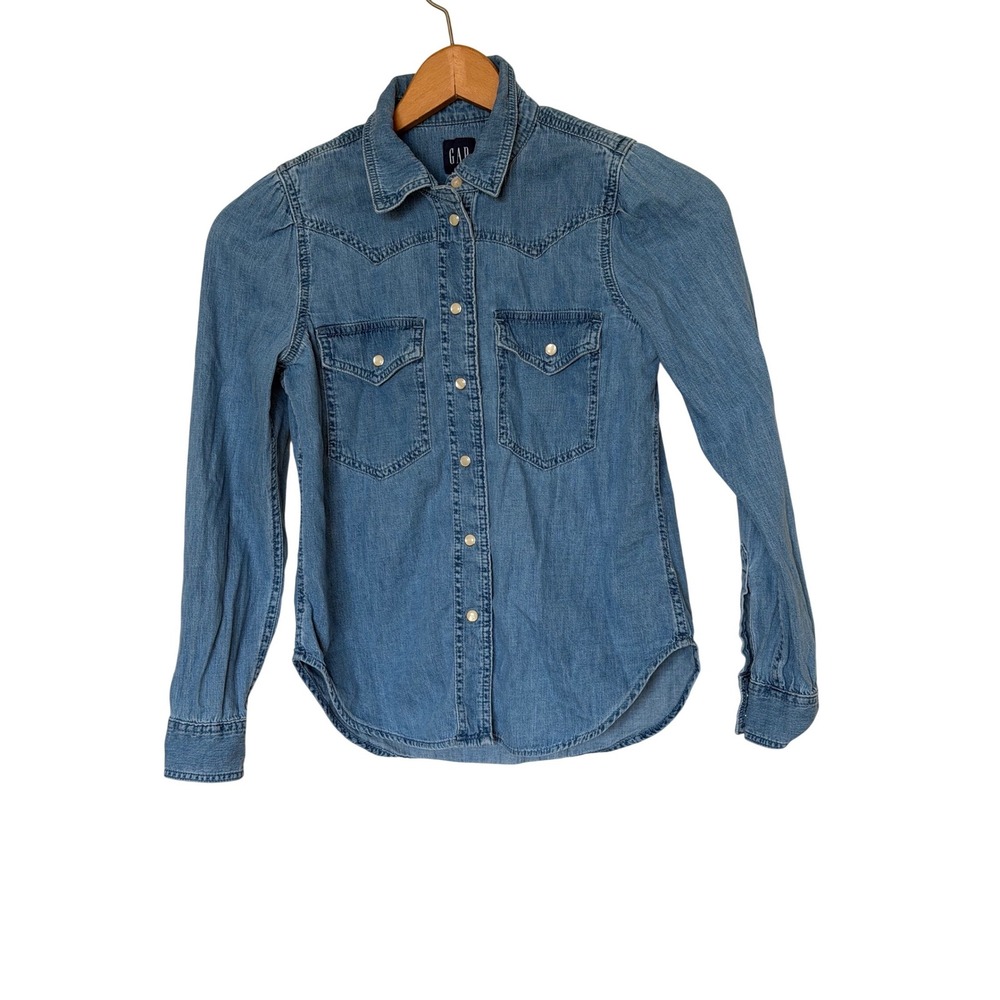 Gap Denim Western Shirt Womens XXS Medium Indigo Puff Sleeve Snap Front 718740
